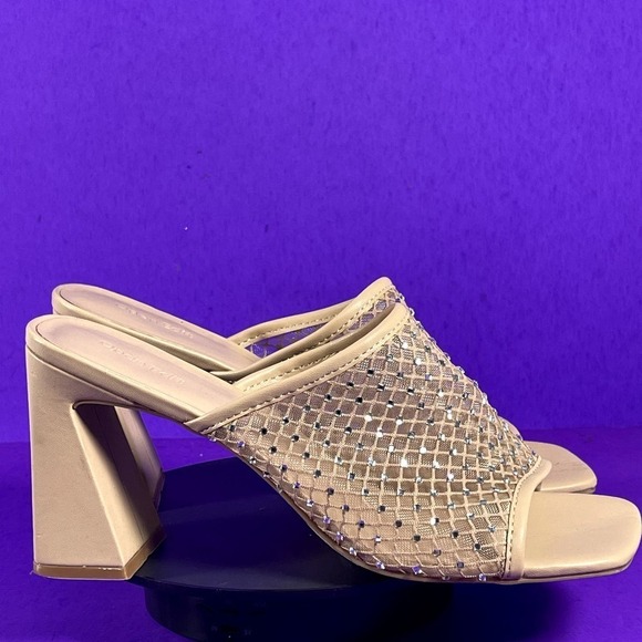 Open Edit Sienna Beige Mesh Jewel Embellished Block Heel Sandal Women's Size 11 - Picture 1 of 8